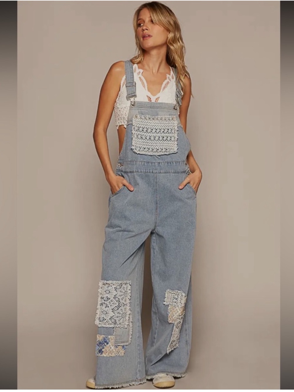 POL Women’s Large Denim Jean Patchwork Crochet Lace Overalls